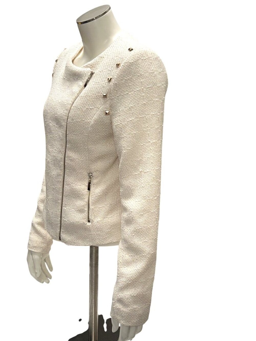 Forever 21 Size S Ivory Studded Moto Jacket Textured Weave Streetwear Vibes Chic - Picture 5 of 14